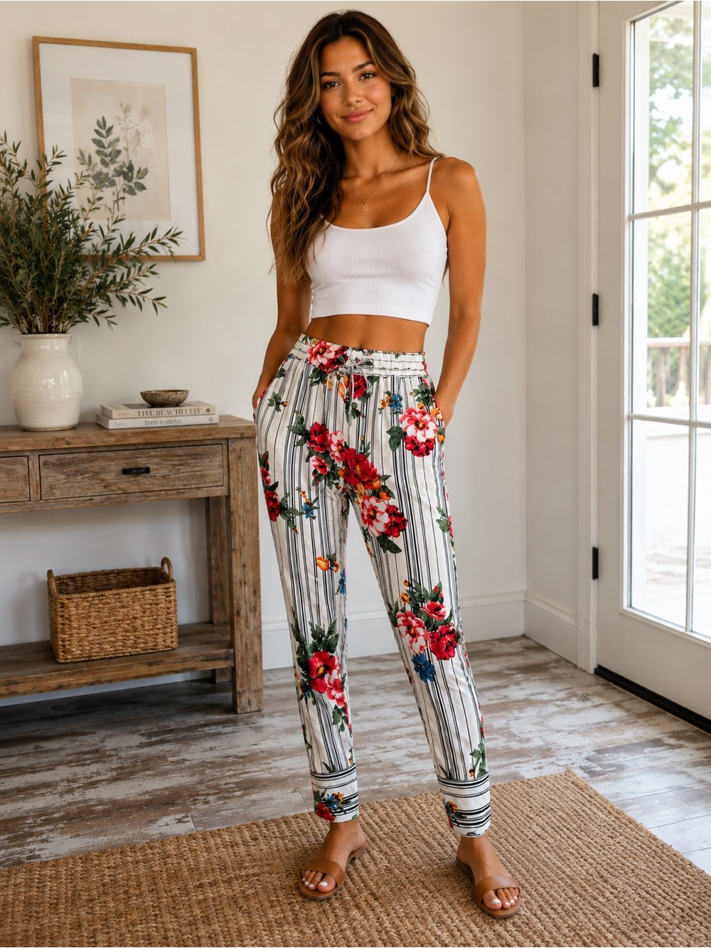 NWOT - Striped Floral High-Rise Jogger Pants - White with Red Floral